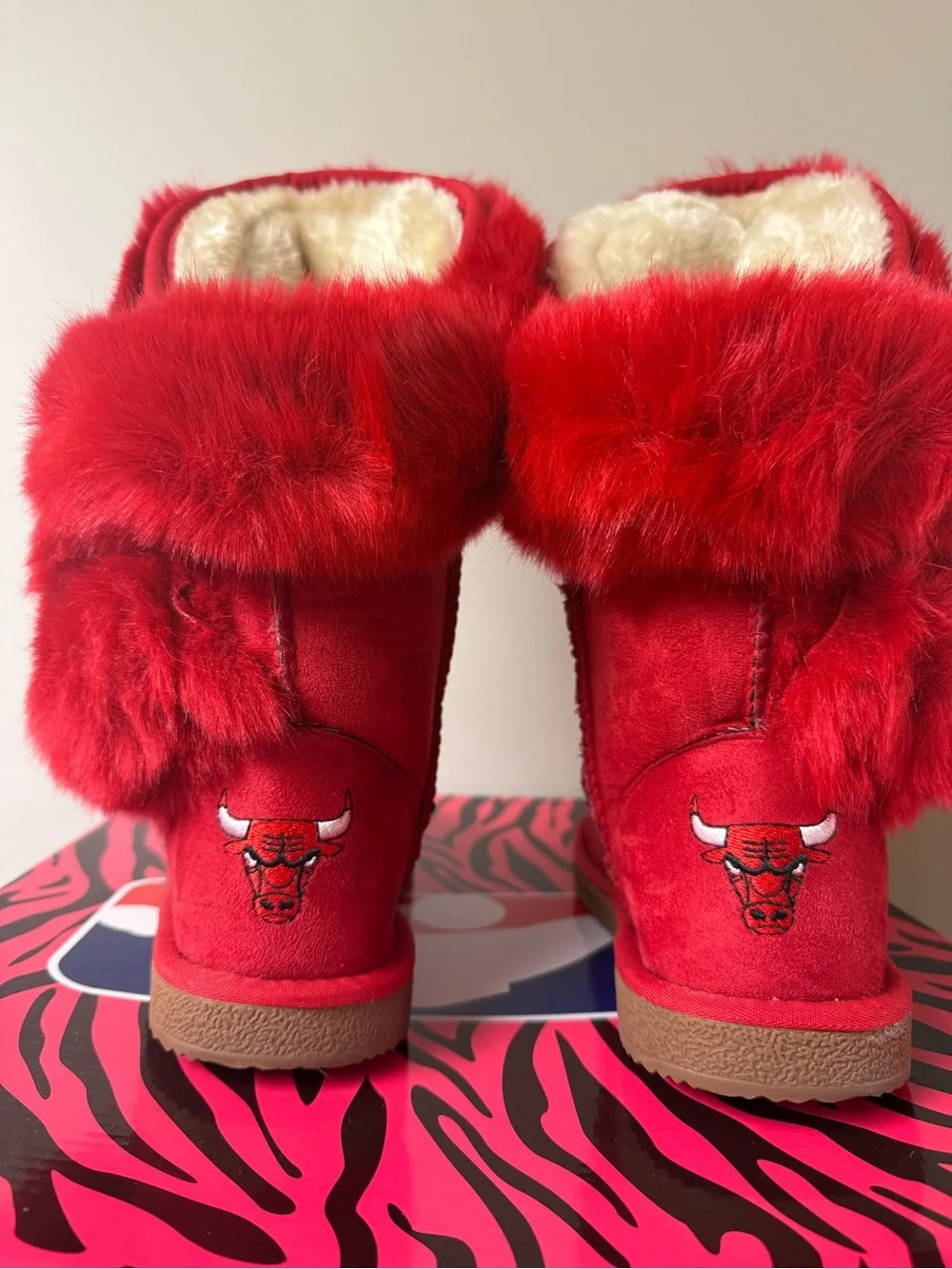 Red Faux Fur Winter Boots with Embroidered Bull Logo